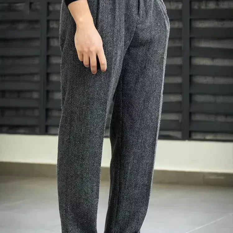 Men Pants Autumn Winter Retro Wool Tweed Loose Straight High Waist Long Pockets