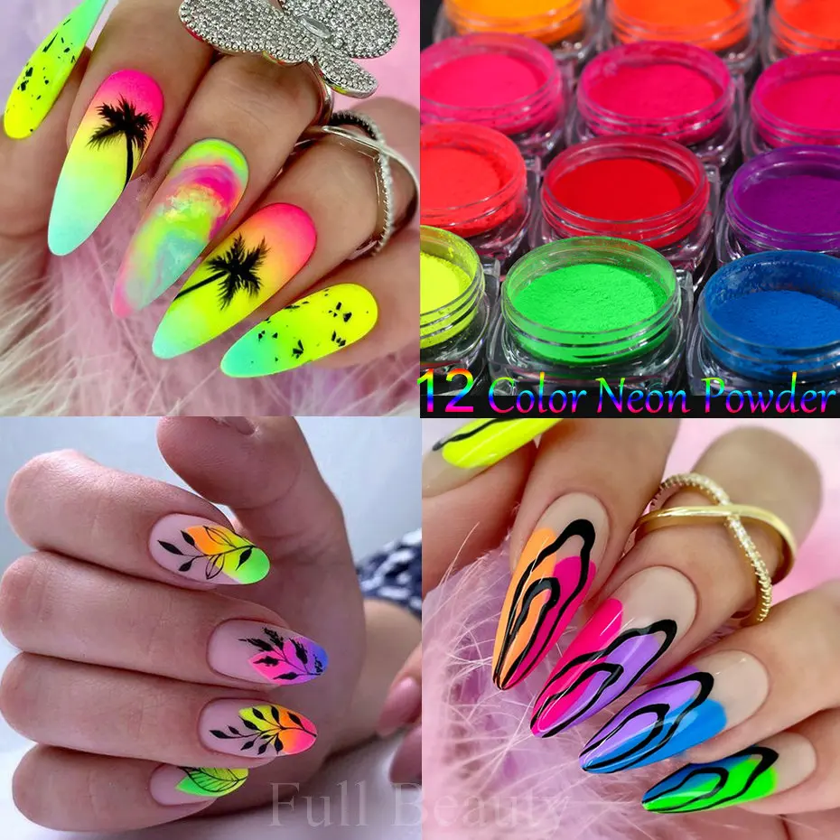 Colour Neon Phosphor Pigment Nail Glitter Shinny Effect Chrome Dust Fluorescent Nail Powder Gel Polish Manicure Nails Decoration