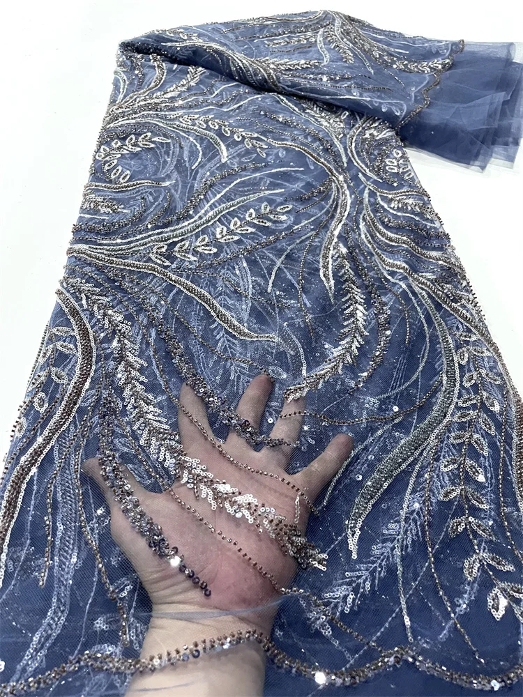 

2023 Latest African Handmade 3D Beaded Lace Fabric French Net Lace Fabric Flower Embroidery Beads For Wedding Sewing