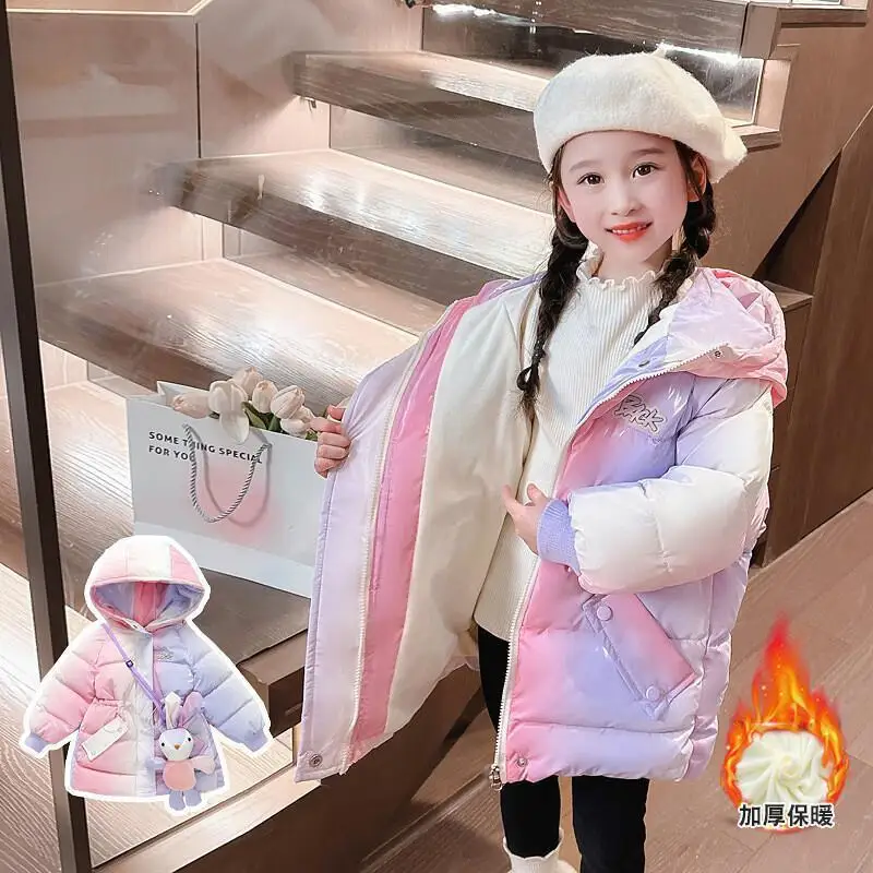 핫 카와이 패션 탑스 패션 아동복 재킷 여아 겨울 코튼 코트 두꺼운 따뜻한 롱 다운 재킷 어린이용 새해