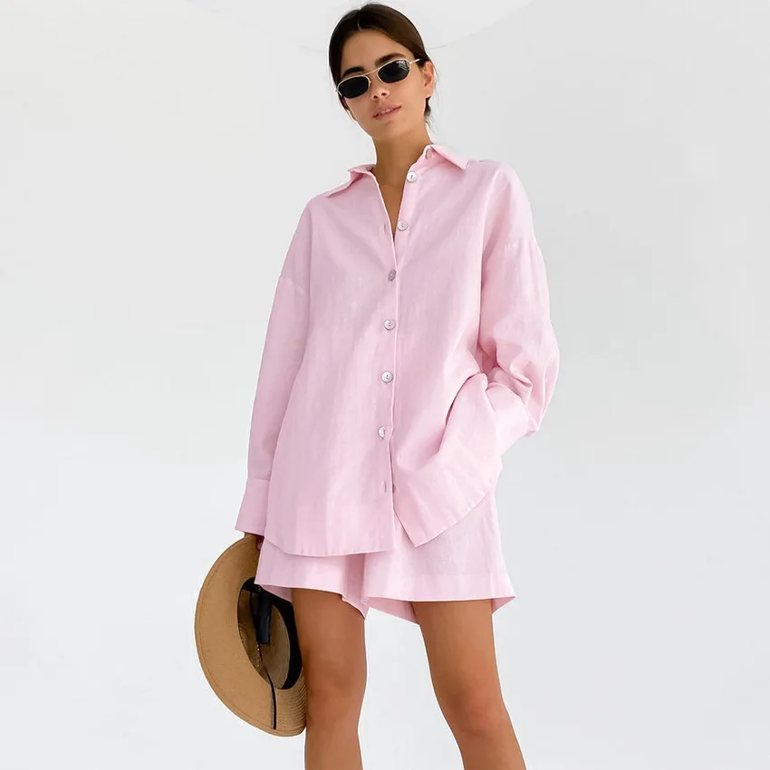 

Solid Color Lapel Single Breasted Casual Shirts Women Outfits Pleated Female Suit Spring Summer Cotton Linen Loose Shorts Set