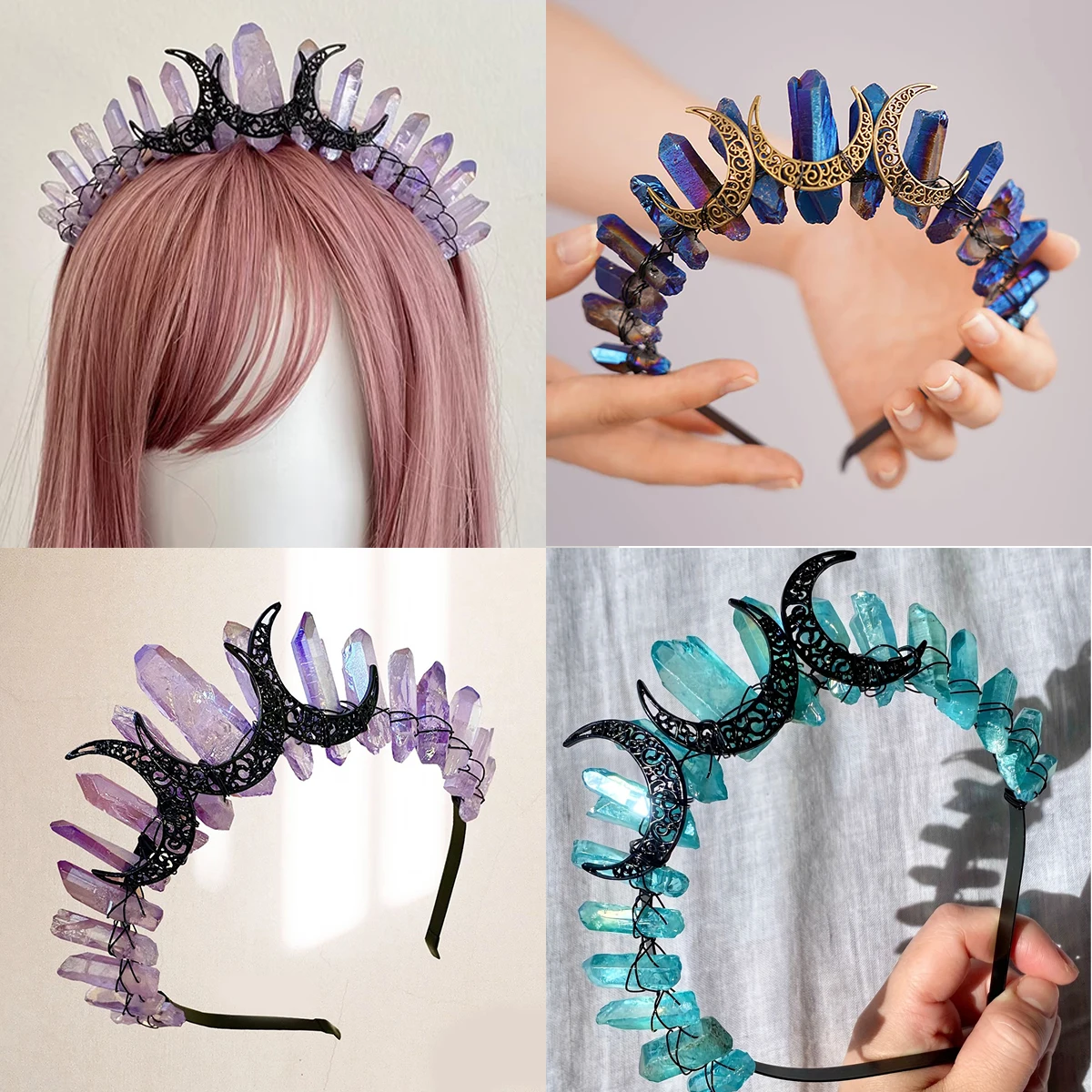 Tiara Crown Headband Raw Quartz Rhinestone Witch Bride Headpiece Hair Accessory Bridal Headwear Hair Band Crown