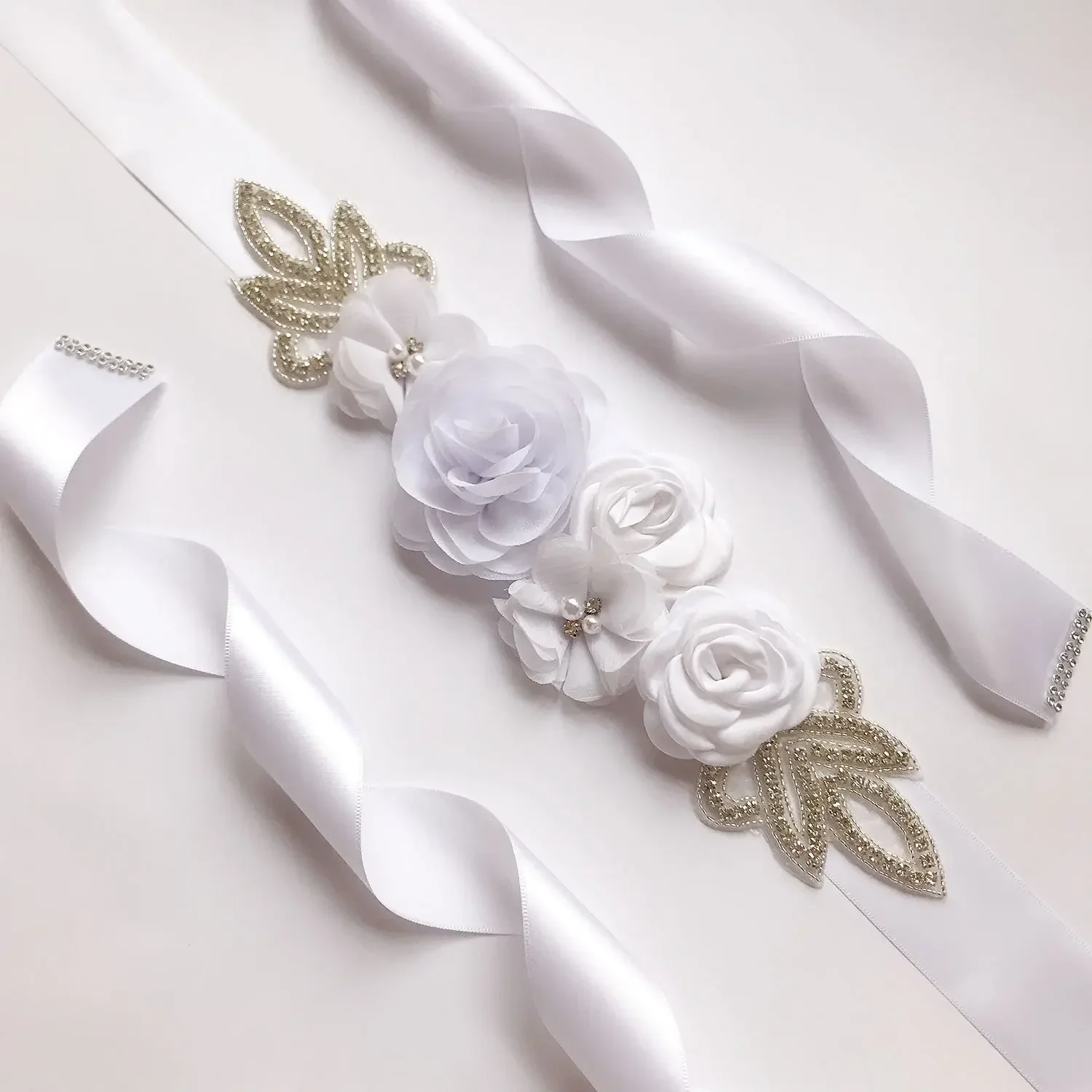 Bridal Waistband Womens Elegant Three Flower Sash Rhinestone Beaded Waistband Bridal Ribbon Cummerbunds Wedding Dress Waist Belt 12 Colors