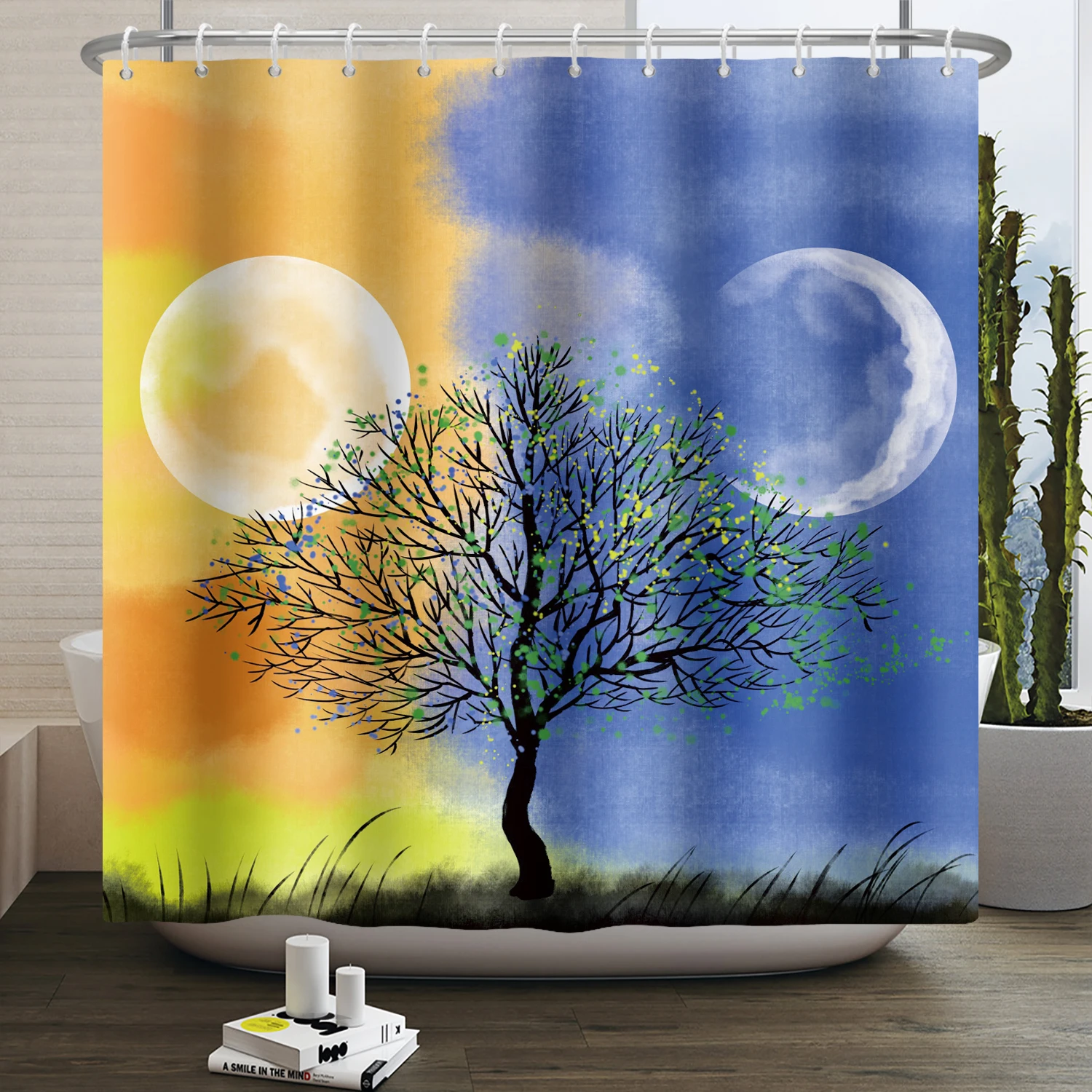 

Tree Shower Curtain Watercolor Style Drawing Art with Sun and Moon Day and Night Theme Printed Cloth Fabric Bathroom Decoration