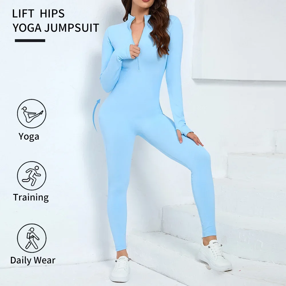 

Women Slim Leg Jumpsuits One-Piece Suit Zipper Long Sleeve Yoga Set Gym Push Up Workout Clothes Fitness Bodysuits Sportswear