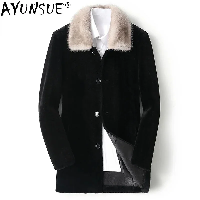 

100% AYUNSUE Sheep Shearing Jacket Men Winter Real Mink Fur Collar Coat Male Midi Warm Wool Jackets Casual Manteau Homme SQQ781