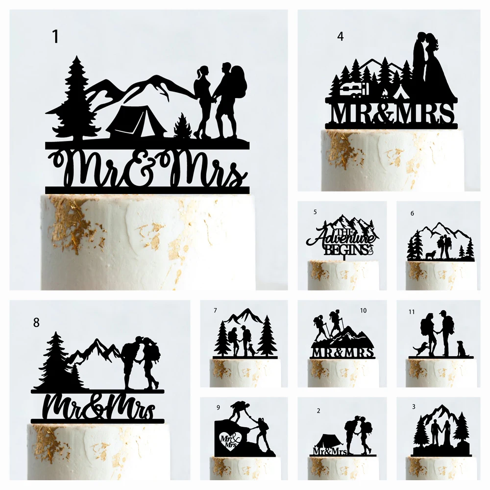 Mountain Outdoor Wedding Cake Topper Backpacking Campeggio Sposa E Sposo Escursionismo Viaggi Festa Fidanzamento Legno Decorazione Acrilica