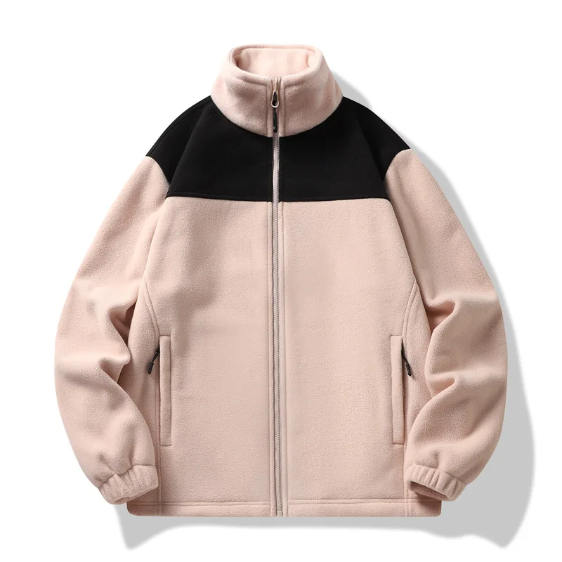 Autumn Winter Men's Fleece Coat Color Matching Standing Collar Breathable Windproof Warm Outdoor Mountain Climbing Jacket