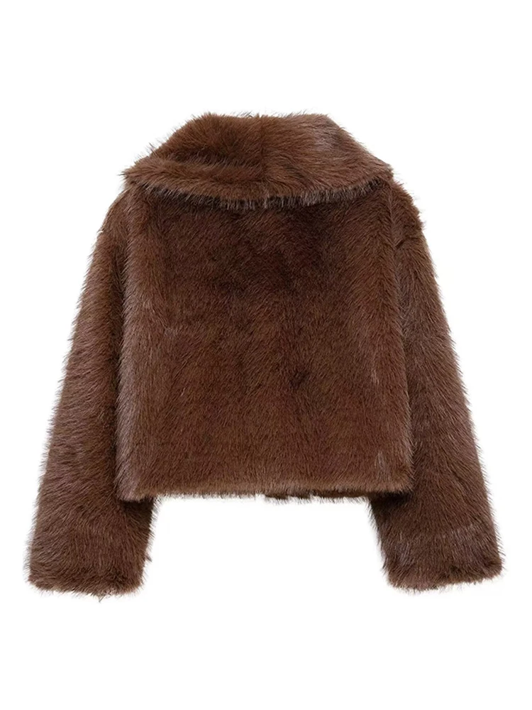 Vintage Brown Fluffy Faux Fur Short Coats Women Loose Lapel Buckle Jacket 2024 Winter New Lady High Street Warm Thick Outwear 6