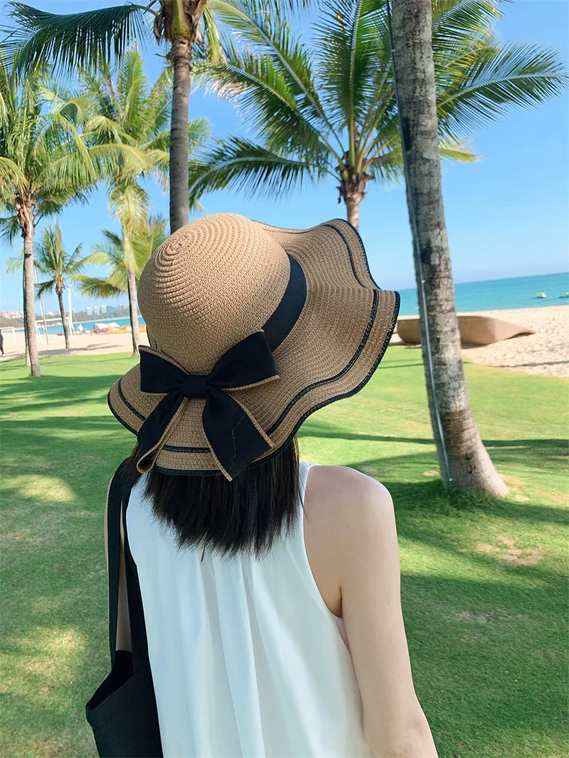 Breite Krempe Floppy Beach Bowknot Panama Lady Casual Sonnenhüte für Frauen Strohhut_voghion.com
