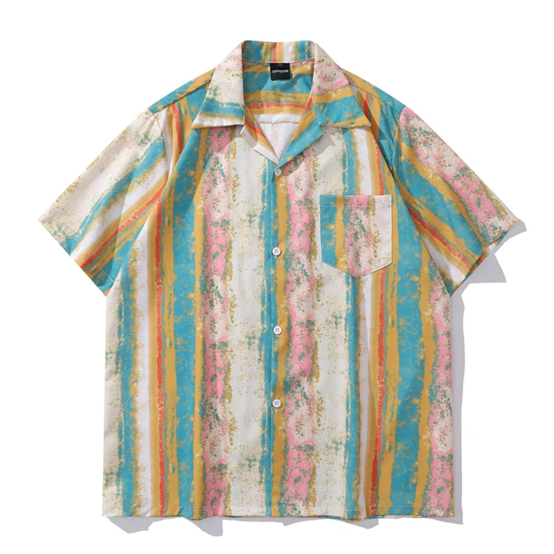 

Striped Front Pocket Hawaiian Shirts Men Summer Full Print Holiday Beach Men's Shirts
