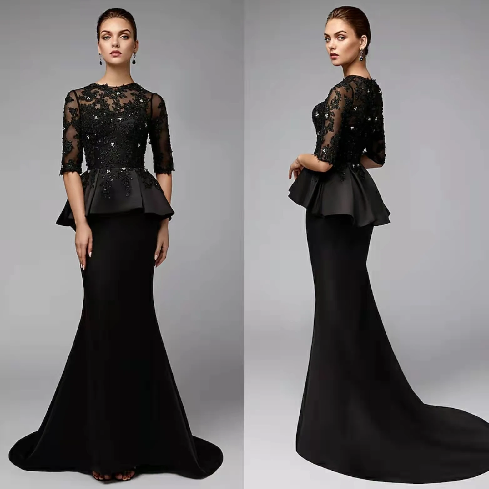 

Elegant Long Black Lace Mother of Bride Dresses With Peplum Mermaid Satin Pleated Evening Dress Wedding Guest Dresses