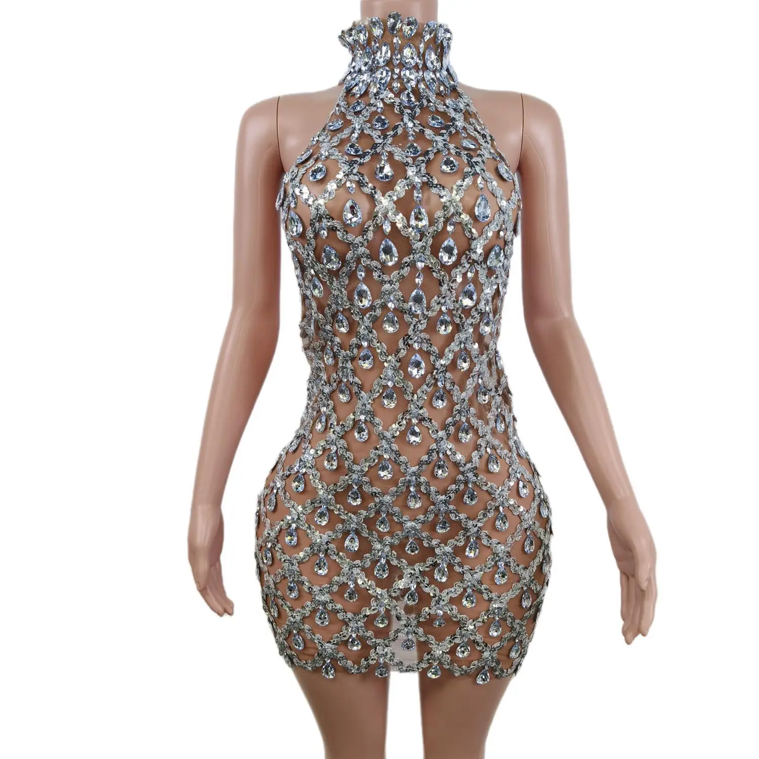 Sparking Diamonds High Neck See Through Dress DressExpresses