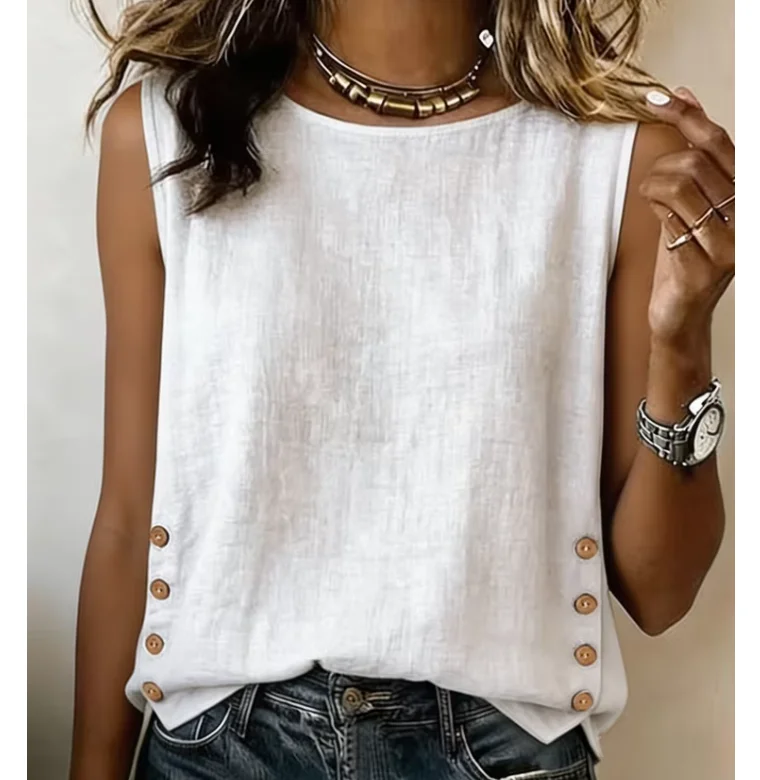 Nouvelle Chemise Élégante et Tendance pour Femme – Col Rond Décontracté Ample en Coton et Lin Couleur Unie – Vêtement Féminin d'Été 1