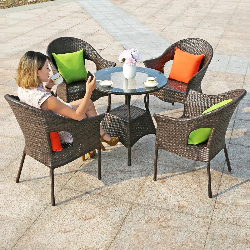 Modern Rattan Garden Furniture 5-piece Set Coffee Table and Chairs Wicker Weather Resistance Patio Bistro Table and Chair