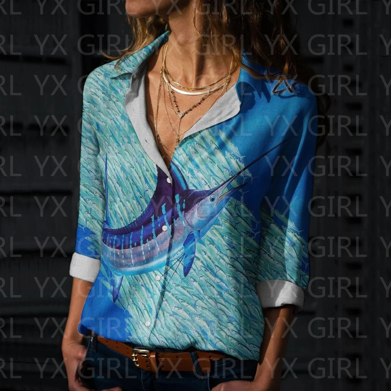 Swordfish Printed Casual Shirt 3D Printed Button-down Shirt Women's Casual Unique Streewear