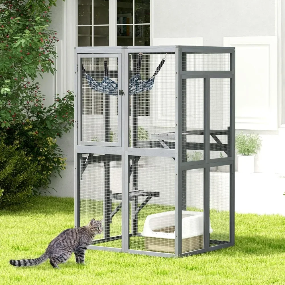 Cat House Outdoor Cat Enclosure Window Access Wood House Shelter Kitty Cage 3 Platforms For Patio Indoor Cats Cages