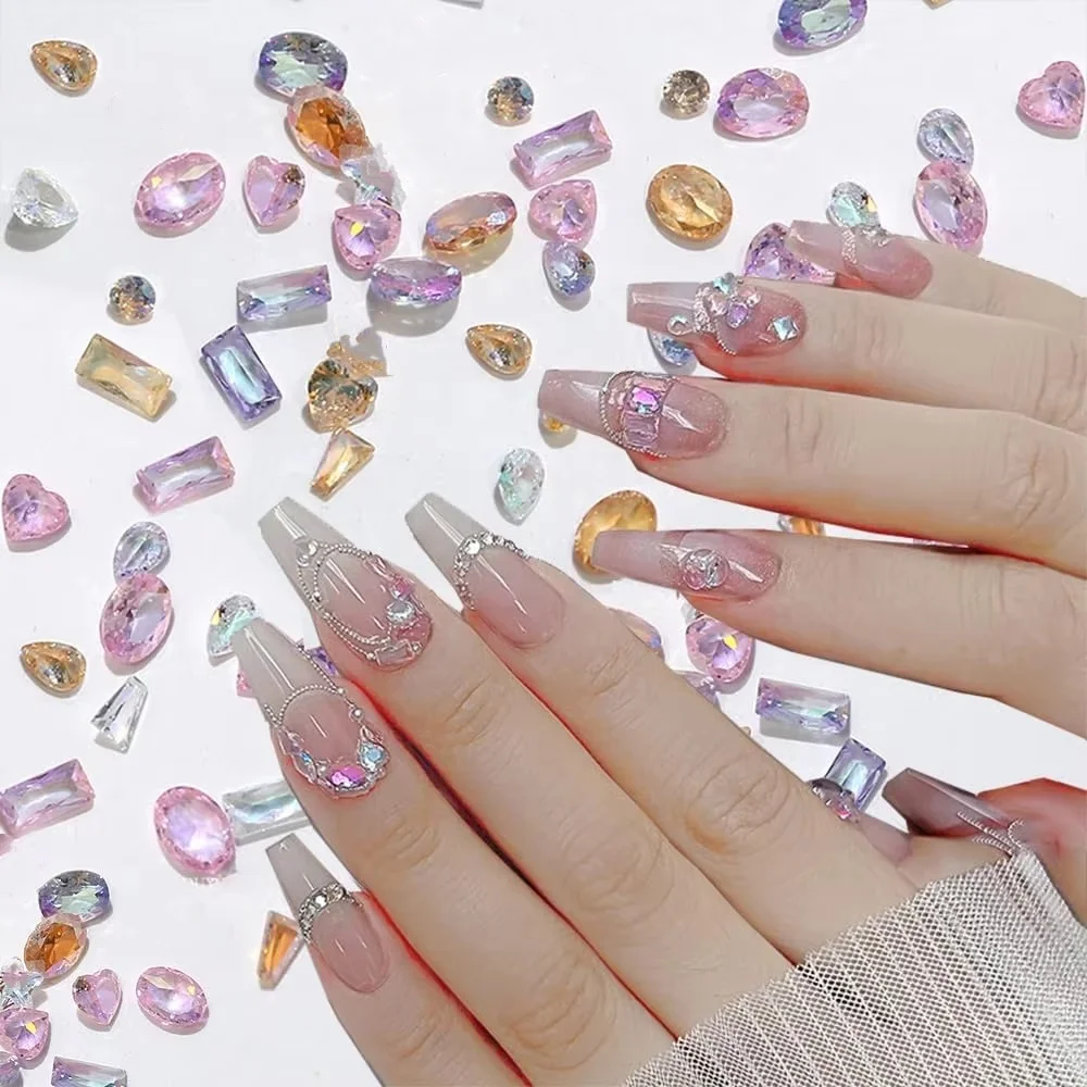 50PCS 스파클 5A 미니 지르콘 오로라 얼음 반투명 코냑 믹스 모양 샤프 다이아몬드 네일 아트 라인 석 장식 매니큐어 매력