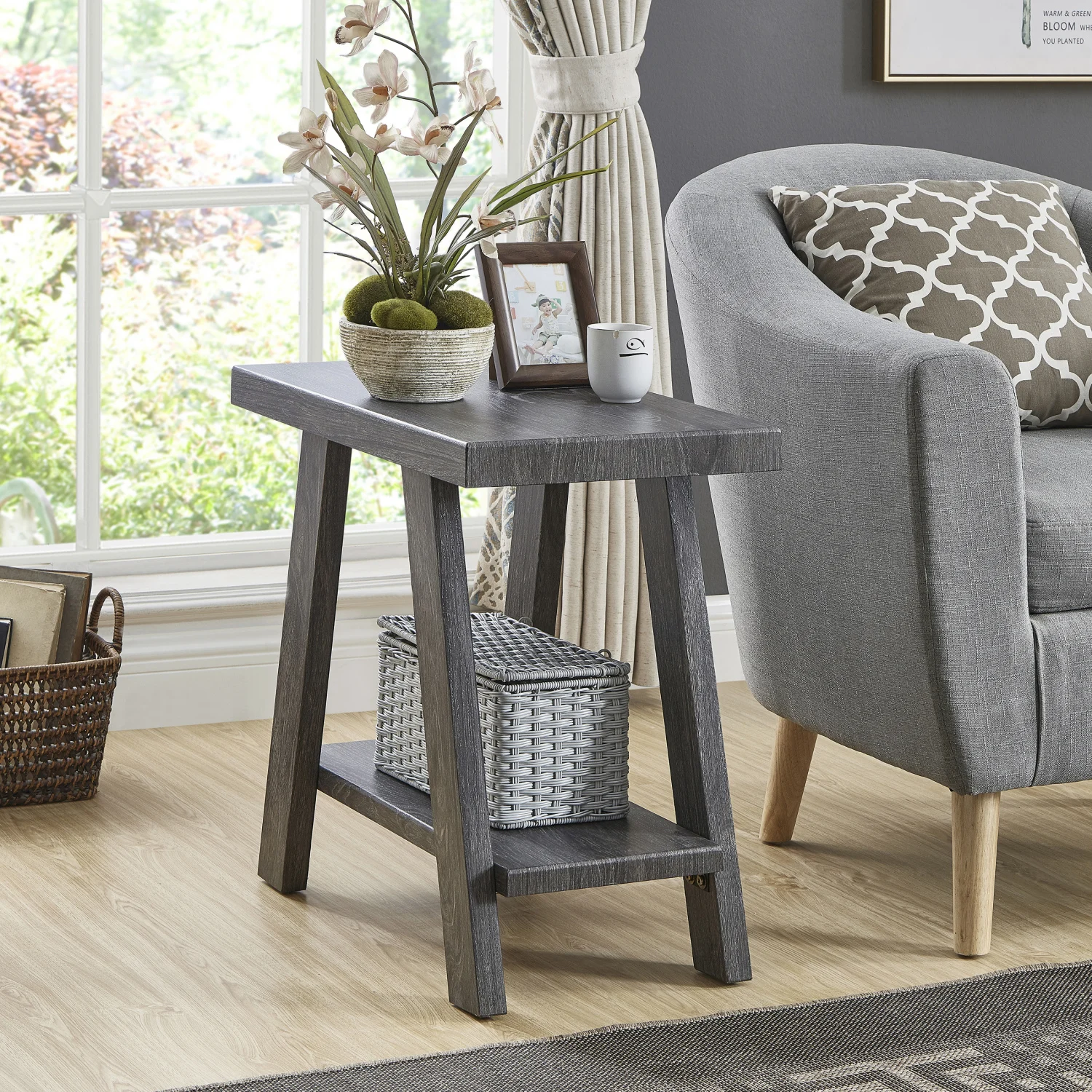 

Contemporary Gray Finish Athens Wood Shelf Side Table with Unique Design and Elegant Style for Modern Living Rooms and Bedrooms