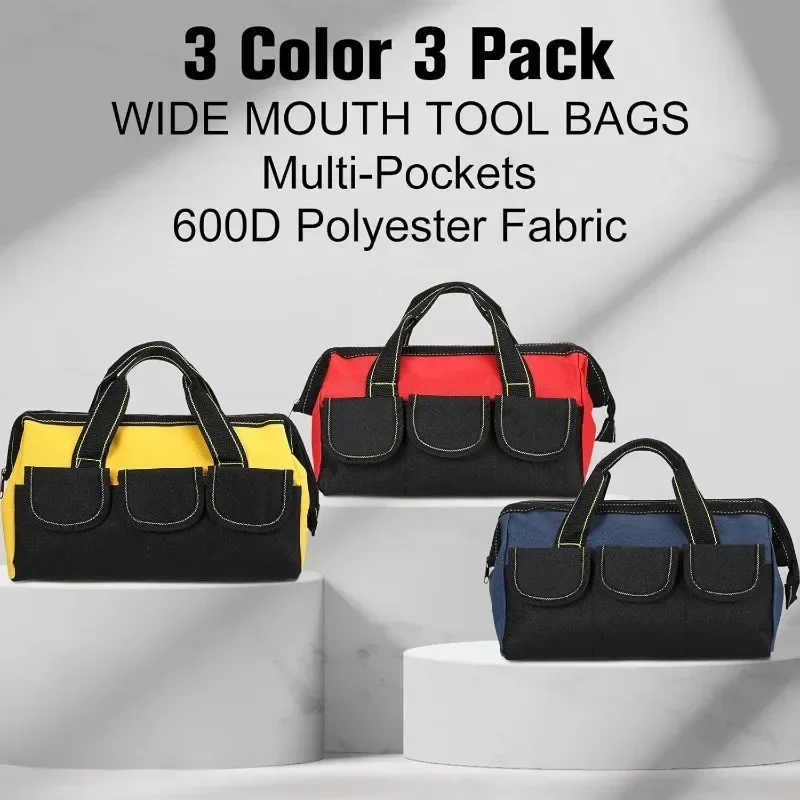 Tool Bag for Men, Heavy Duty Tool Bag Wide Mouth Tool Tote for Various Tools, Electrician Mechanic (Blue, Red, Yellow, 13 Inch) 2