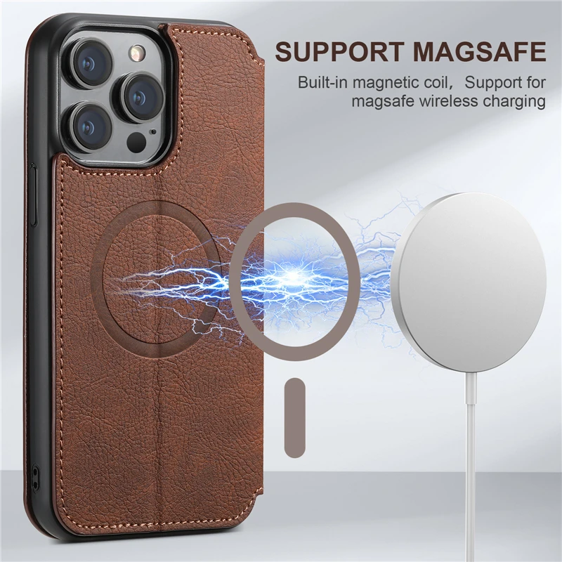 Magnetic Wireless Charge Case for iPhone 15 Pro Max 14 13 12 Pro Max 15Plus Shockproof Leather Wallet Card Slots Flip Cover Case