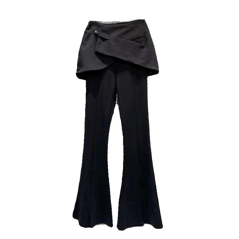 2024 Spring New Dark Hot Girl Beveled Small Skirt Stitching Fake Two-Piece Slim Fit Bootcut Trousers Women Street Black Pants denim half body skirt pants for women 2023 new summer high street mid length spicy girl irregular fake two piece denim split ant