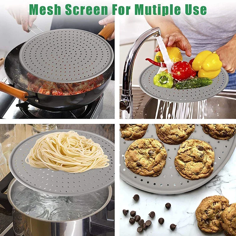 Silicone Splatter Screen Pan Cover With Handle, Heat Insulation Cooling Mat Oil Splash Guard Drain Board Kitchen Frying Pan Lid