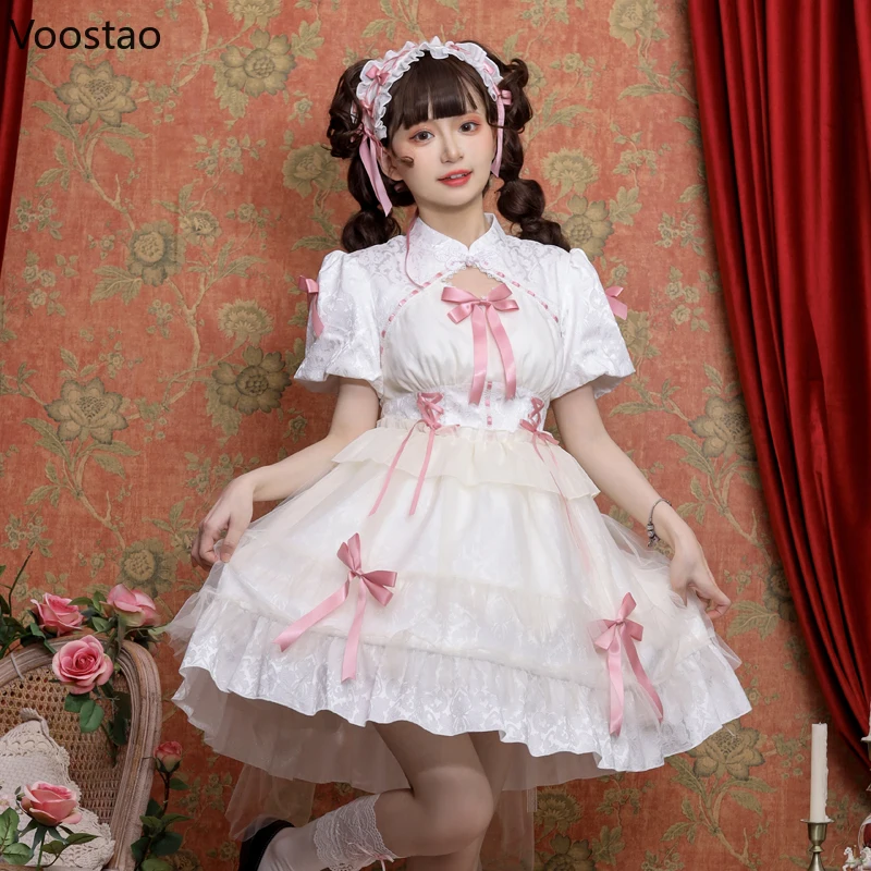 Mini vestido de festa lolita kawaii rosa para mulheres, manga