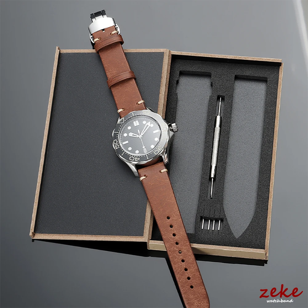 Elegant Genuine Leather Watch Band with Wooden Box & Butterfly Clasp Bracelet