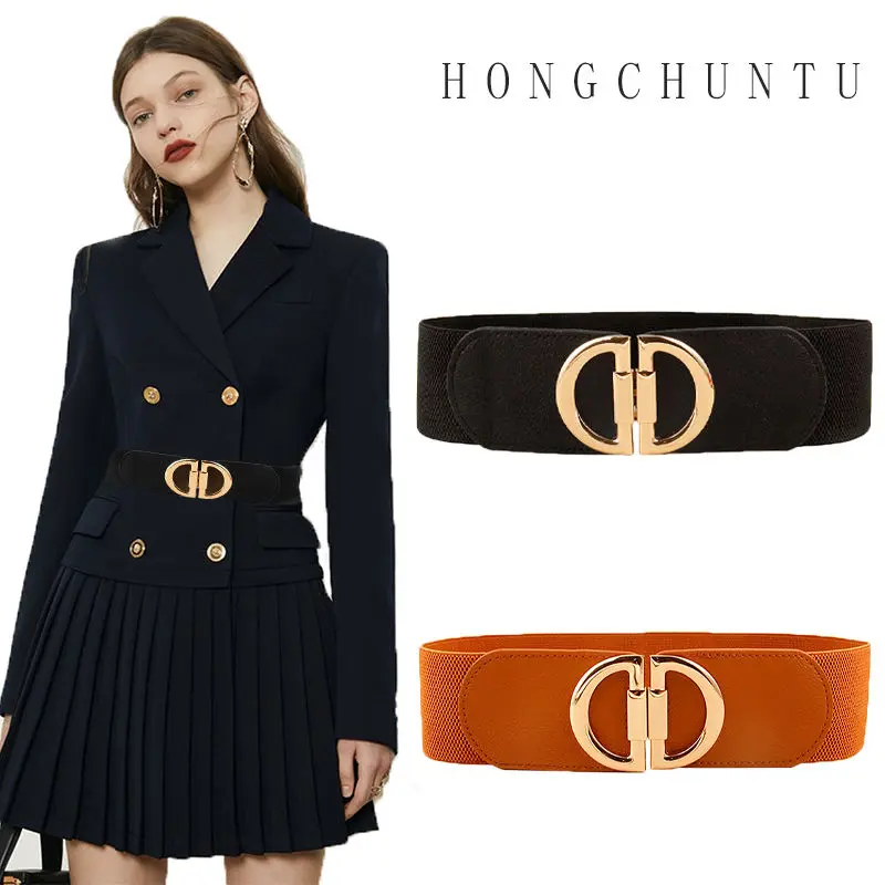 

New Korean Style Windbreaker Elastic Waistband Button Decoration Wide Belt Ladies Belt Alloy Buckle Belt Dress Women Accessory