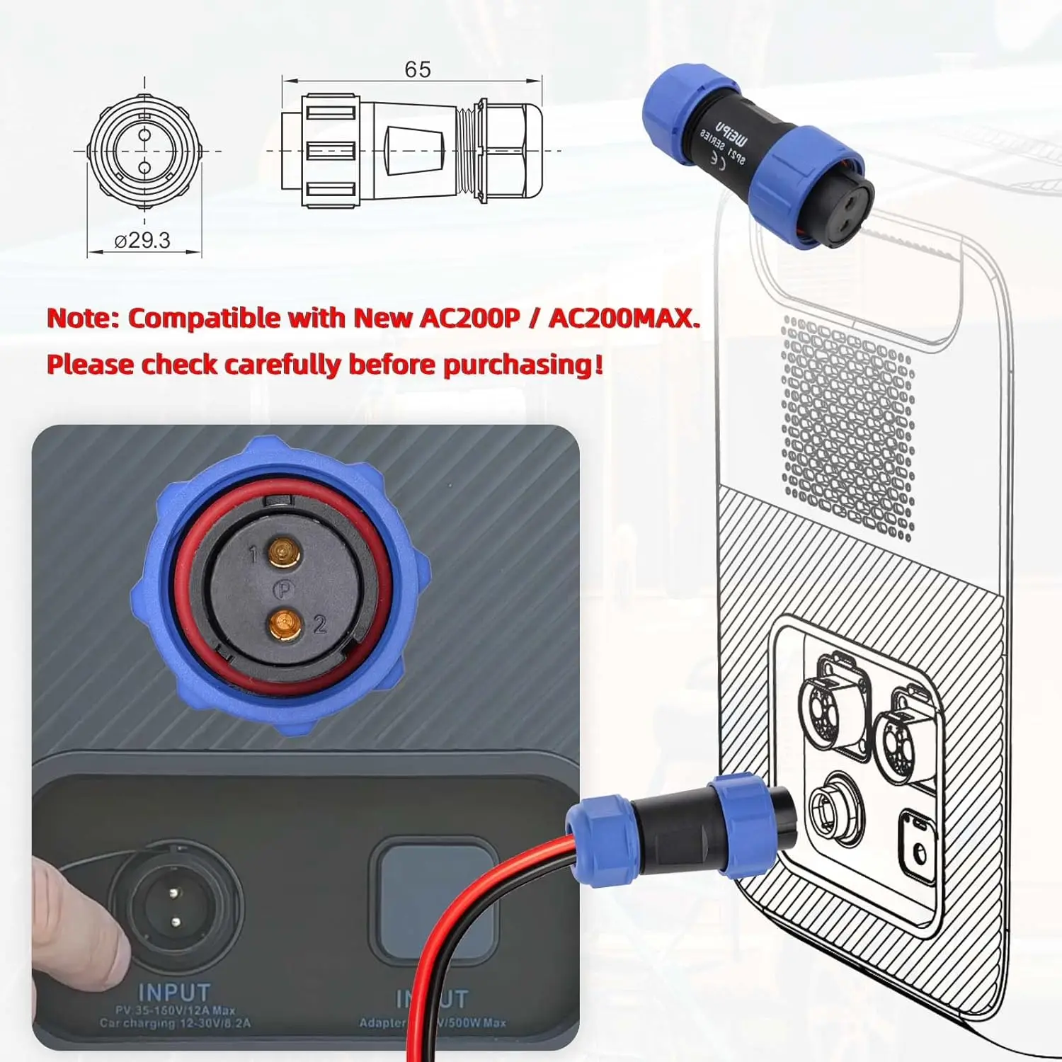항공 플러그-태양광 패널 케이블, 12AWG 2FT 태양광-항공 커넥터 12V/30A 휴대용 발전소 AC200MA와 호환 가능