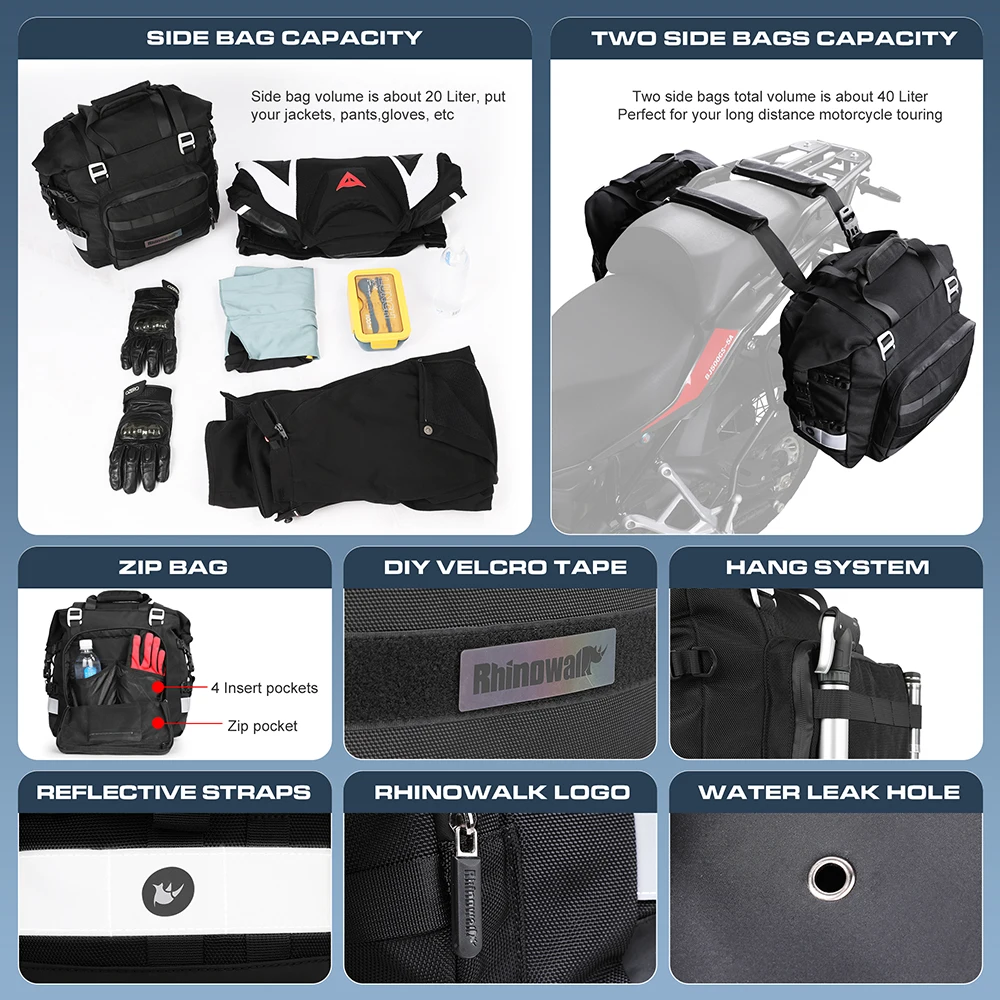 Rhinowalk 오토바이 사이드 백, 범용 오토바이 새들 백, 라이딩 여행 오토바이 러기지 박스, 20L