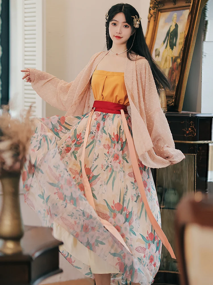 

Традиционное китайское женское летнее платье Hanfu с феями и цветочным принтом, повседневное носимый длинное платье, костюм для косплея в старинном стиле