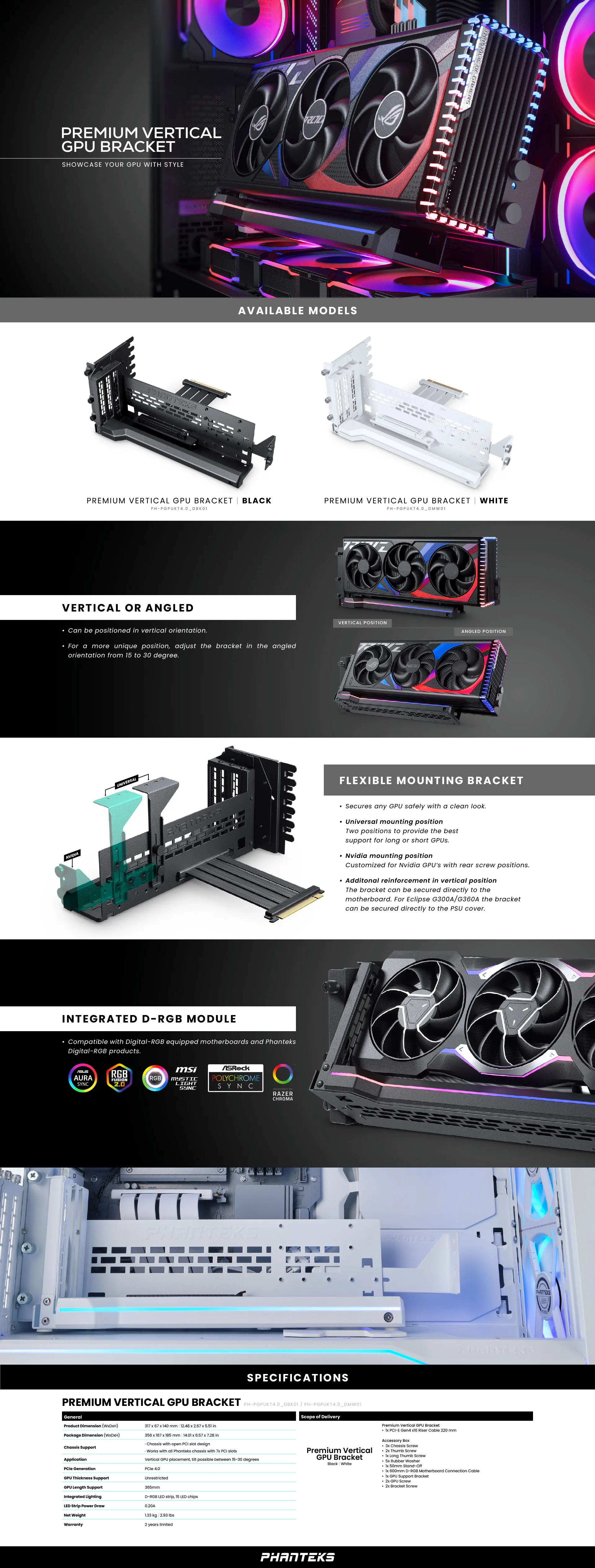 Description Picture 2 of itemPHANTEKS GPUKT 4.0 ARGB rotatable video cards bracket kit with PCIe 4.0 graphics card adapter cable 220mm Support 40 series GPU