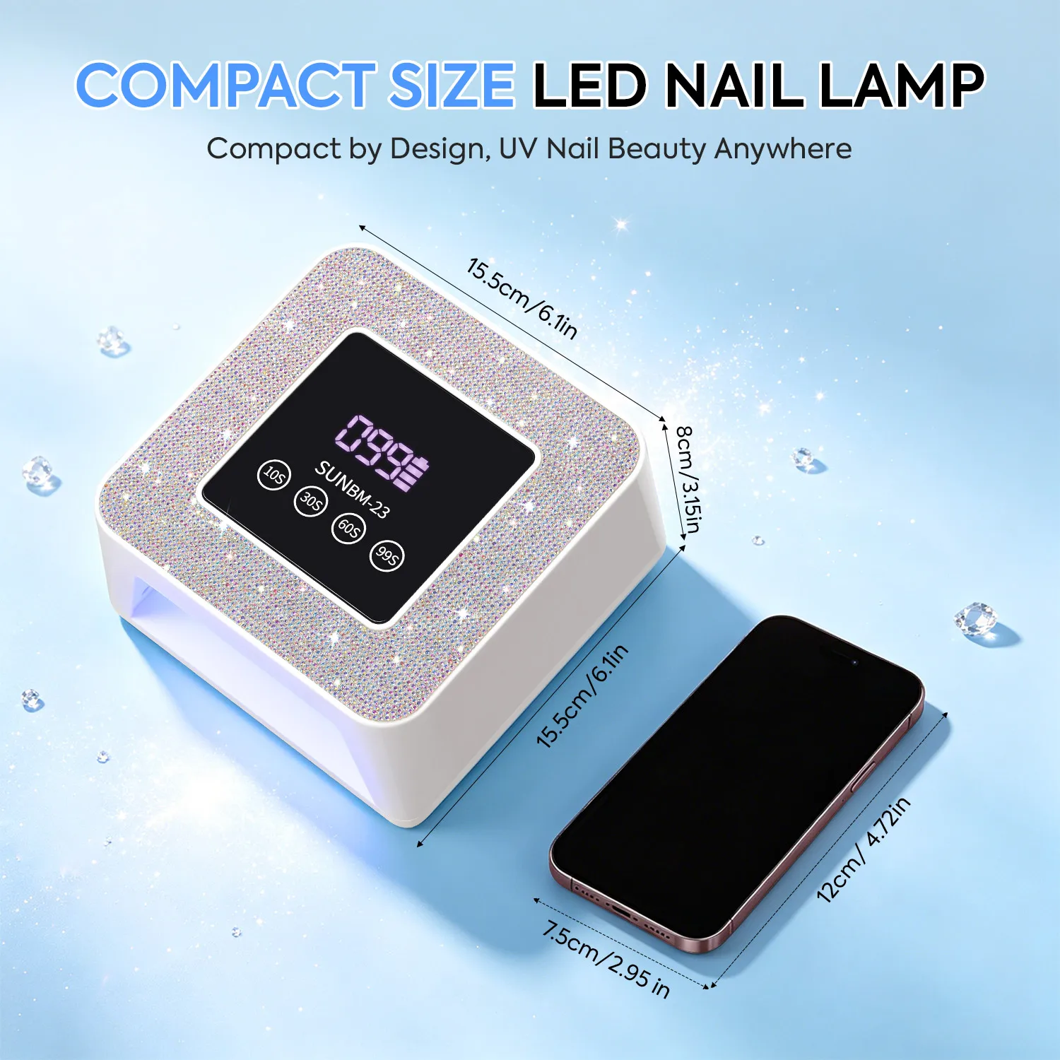 SUNBM-23 무선 UV LED 네일 램프 블링 라인스톤 커버 2000mAh 충전식 네일 드라이어 21개 듀얼 라이트 비즈 4개 타이머 자동