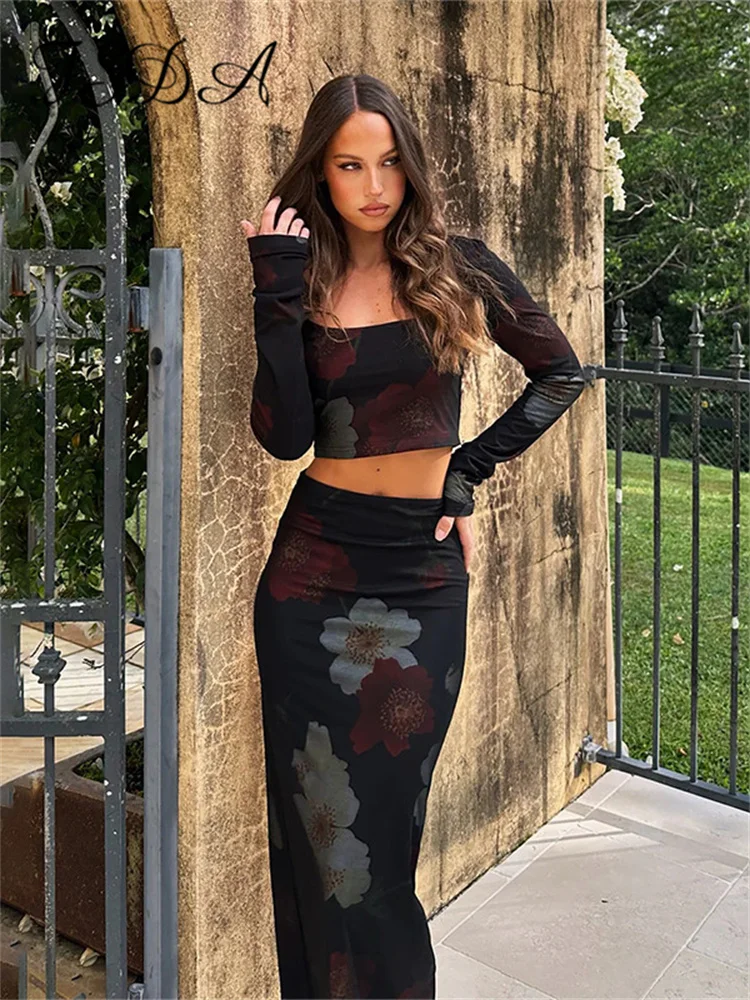 

FSDA Floral Print Skirt Two Piece Set Women Autumn Long Sleeve Crop Top And Midi Bodycon Skirt Suit Sexy Skinny Outfits