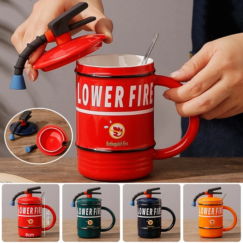 Creative Ceramic Mug Fire Extinguisher Shape Personality Water Bottle Home Office Coffee Mug with Lid Spoon Fireman Perfect Gift