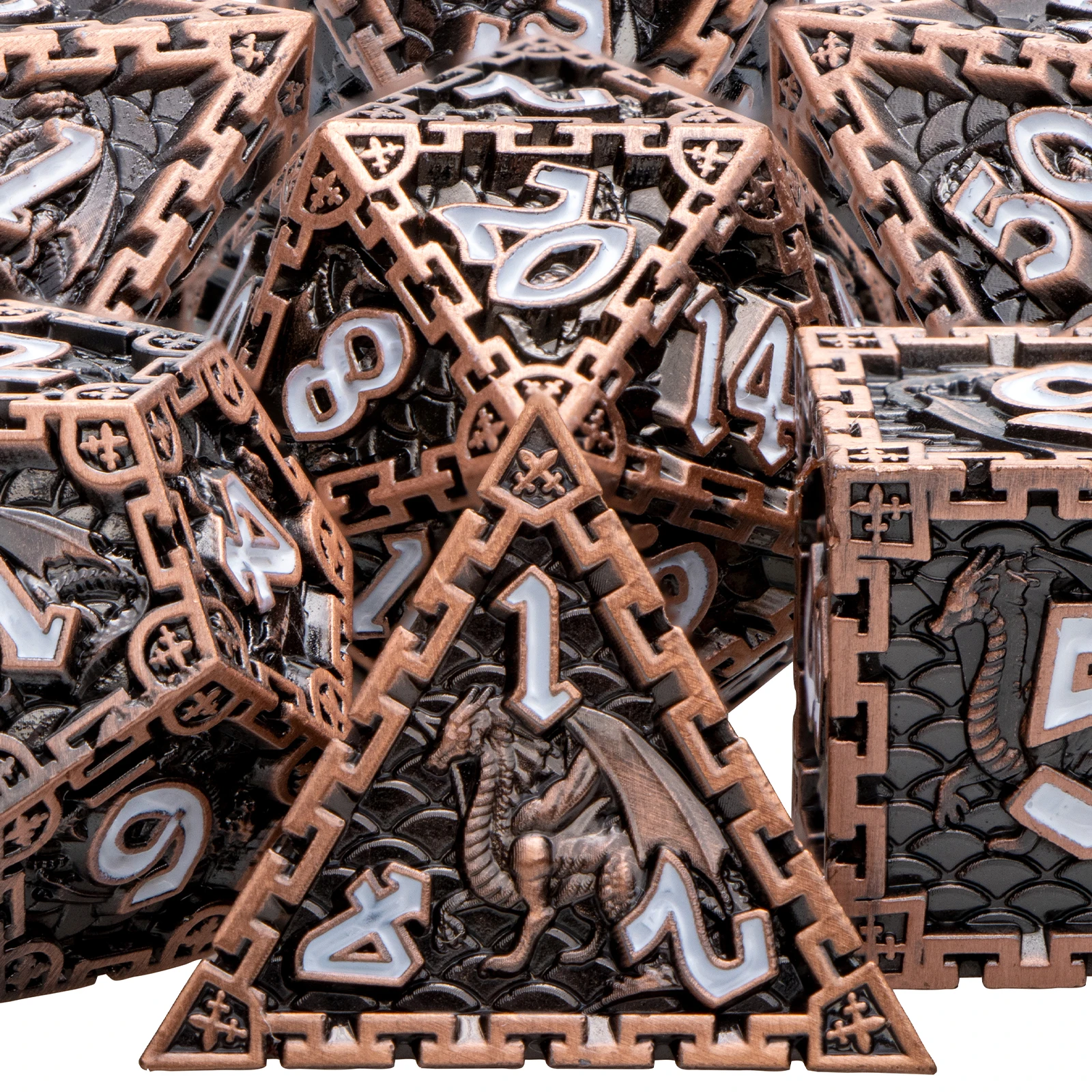 Set De 7 Dados Poliédricos De Metal – D4, D6, D8, D10, D10%, D12 Y D20 – Bolsa De Terciopelo Incluida – Para D&D, Pathfinder, Cthulhu Y Otros Juegos De Rol