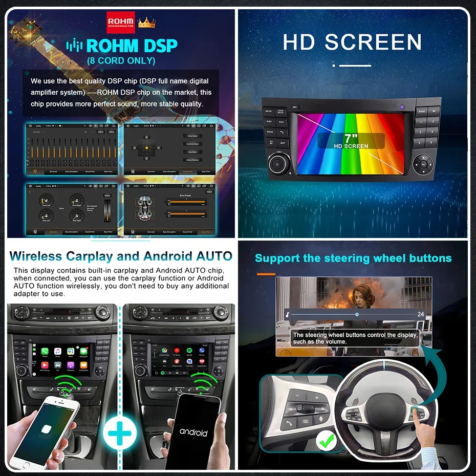 Radio para Auto de 7'' con Android 15 y CarPlay para Benz Clase E W211 E200 E220 E300 E350 E240 E270 E280 2002-2008, Reproductor Multimedia 2 DIN 5
