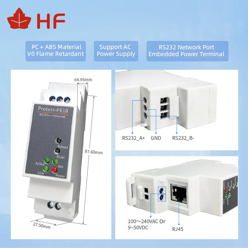 

HF Protoss-PE10 DIN-Rail Modbus RS232 последовательный порт к Ethernet преобразователю двунаправленный прозрачный коллектор данных передачи