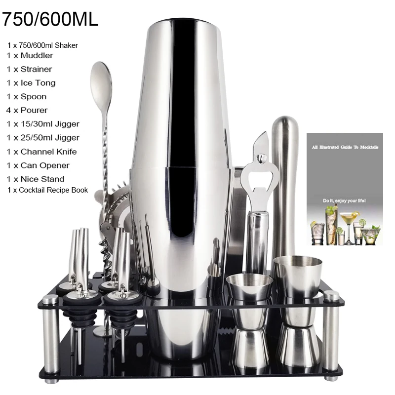 Cocktail Shaker 13Pcs 750/600/800ml Boston Cocktail Shaker Stainless Steel Mixer Bartender Tools Bar Set Cocktail Recipe With Wine Stand