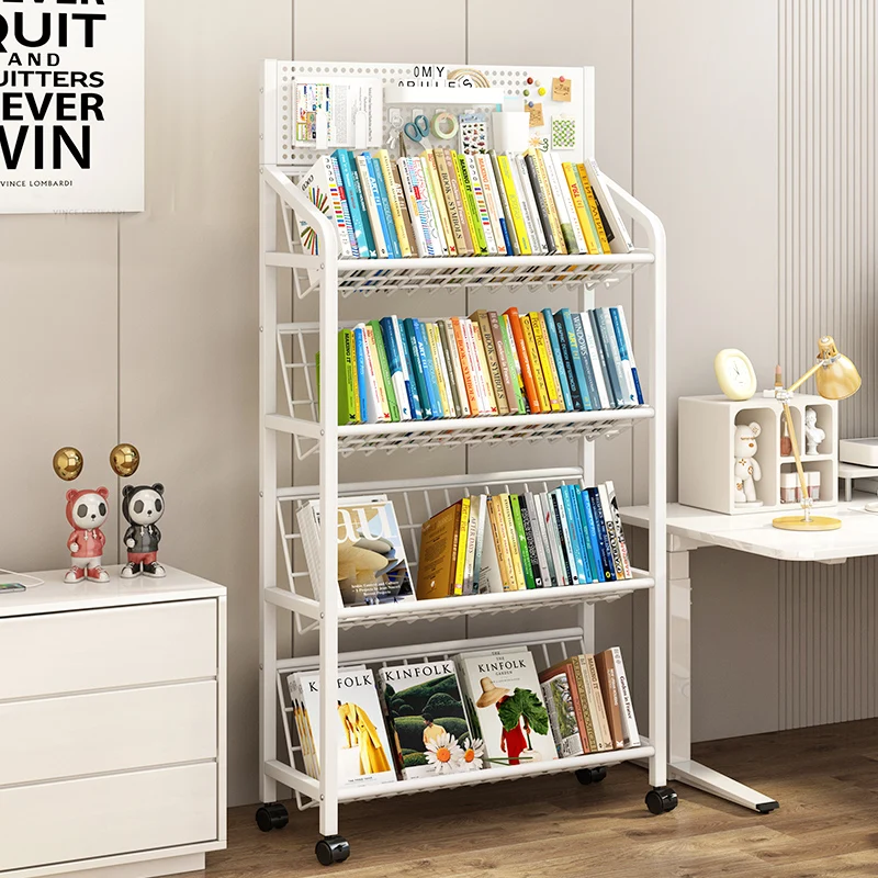 Floor Standing Multi-Layer Bookshelf Living Room Magazine Rack Iron Bookcase Movable Storage Organizer Wheels Books Toys FYMR