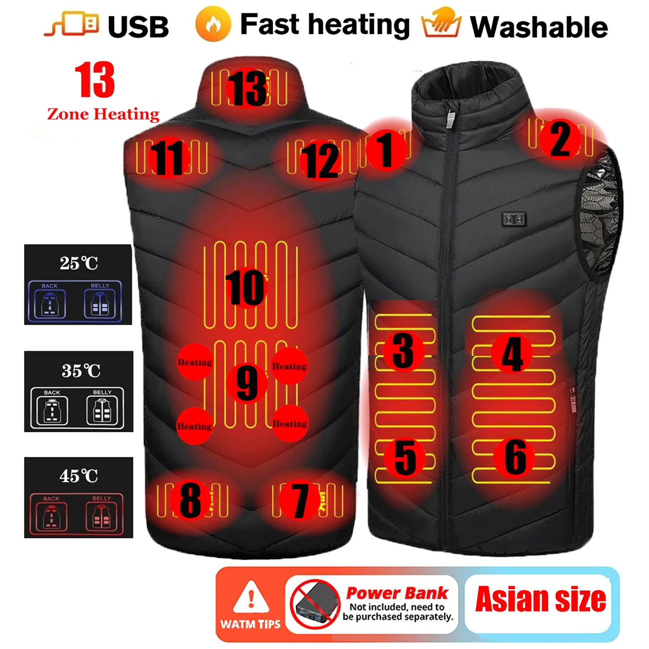 Multi-zone Usb Heated Jacket Sleevelese Fast Self Heated Vest Men Winter Hunting Electric Vest heated jacket