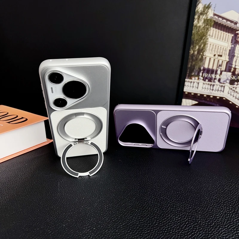 Fashion Magnetic Lychee Texture PU Leather Ultra Thin 360° Rotation Ring Stand Phone Case