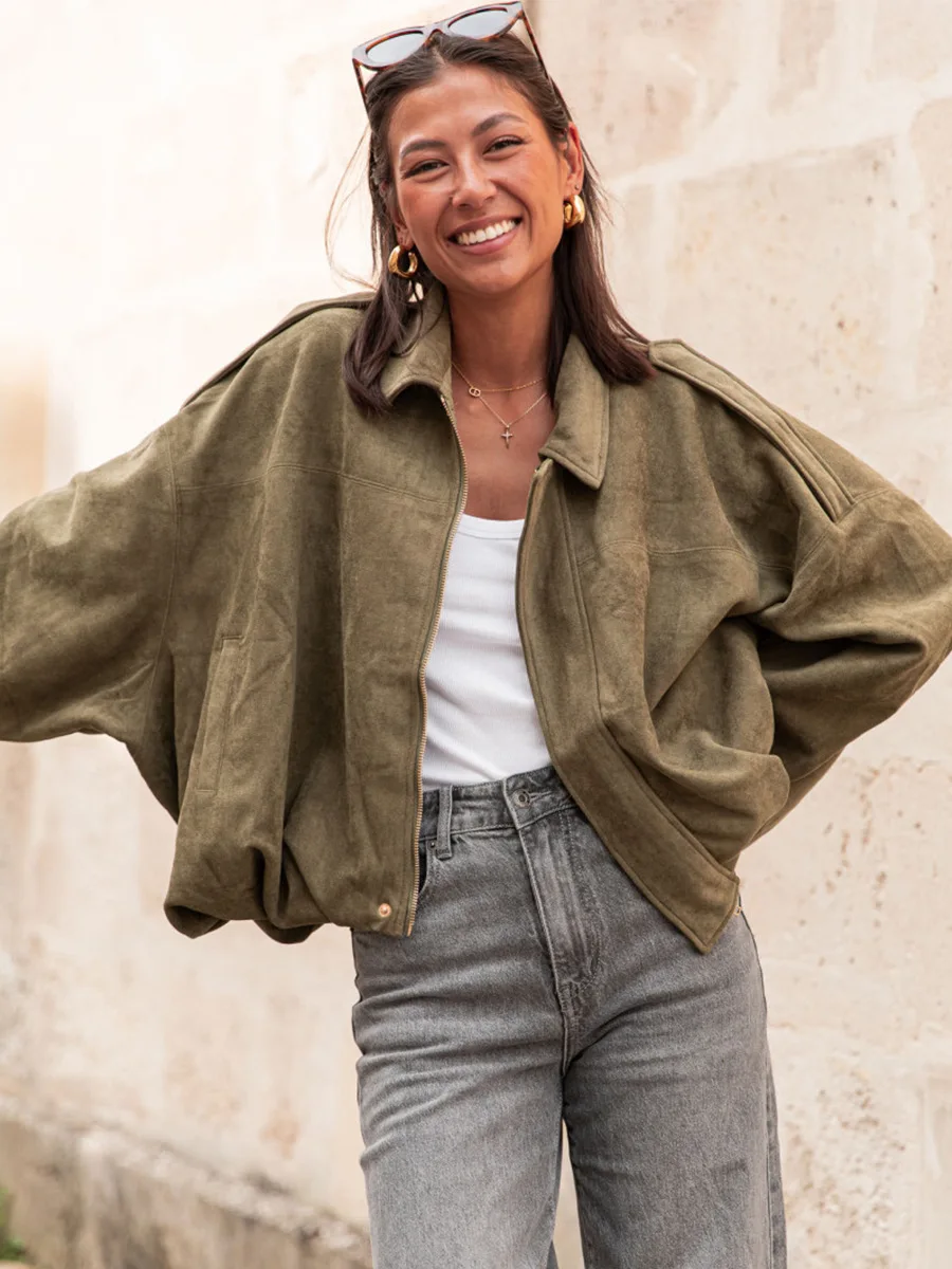 Bornladies Suede Zipper Short Jacket  Women's Autumn Winter New Ins  Style Retro Jacket Loose Casual  Fashion Coat