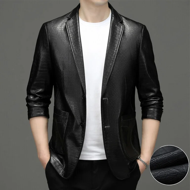 thumbnail image 1 of Ropa de cuero para hombre, chaqueta fina y suave de primavera y otoño, traje ajustado con estampado de cocodrilo, 1 of 4