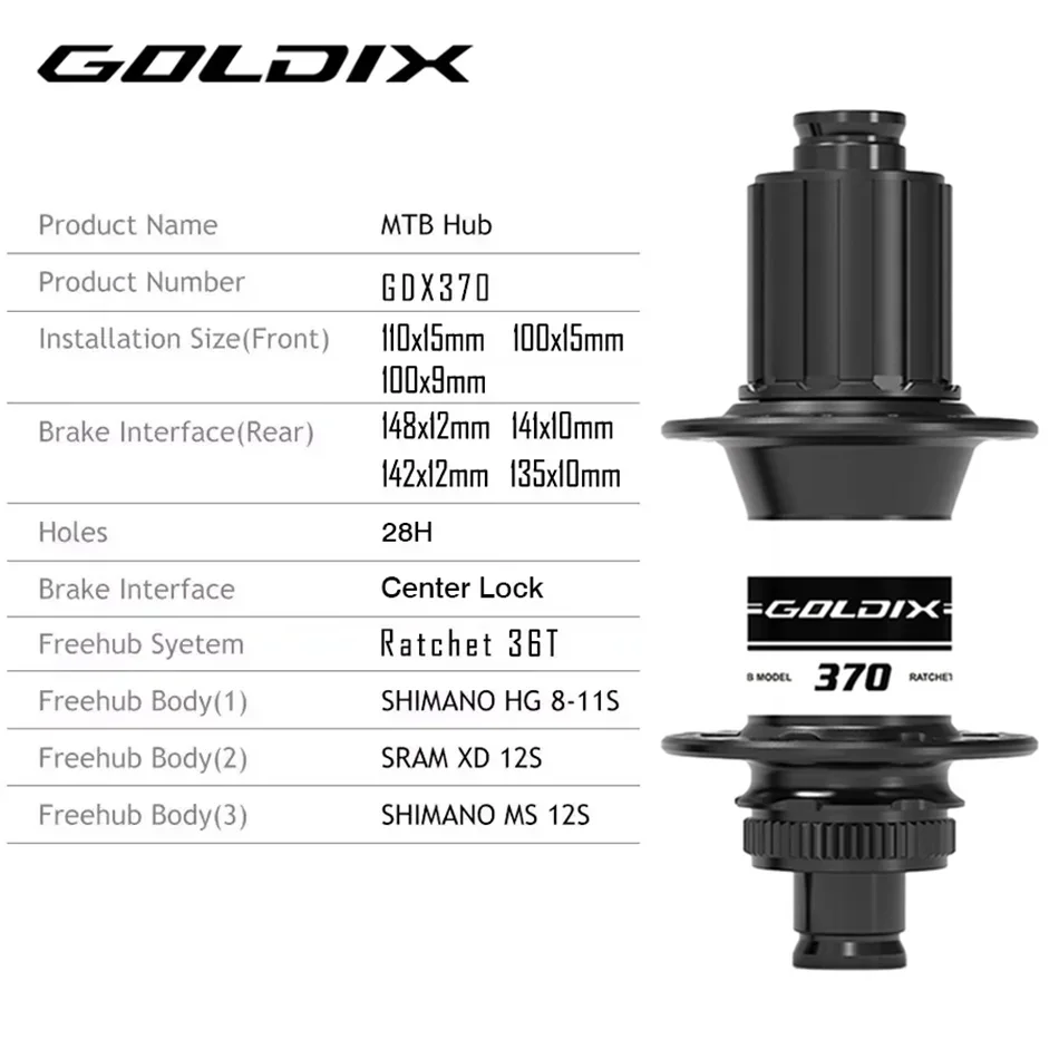 GOLDIX M370 자전거 허브 밀폐형 베어링 센터 잠금 디스크 브레이크 J-Bend 28 홀 래칫 36T 부스트 MTB 허브 Shimano HG MS XD