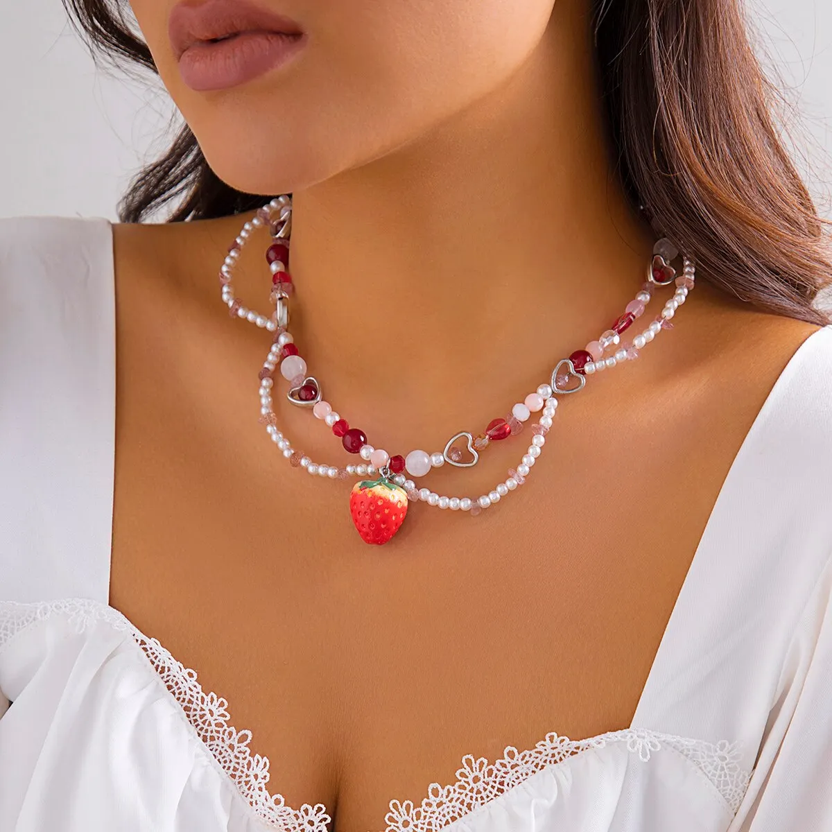 S650c34a33dae4438b2bf847ac7259c5aI Sweet Imitation Pearl Strawberry Pendant Choker Necklace for Women Korean Fashion Love Heart Beaded Clavicle Chain Y2K Jewelry Mallzona