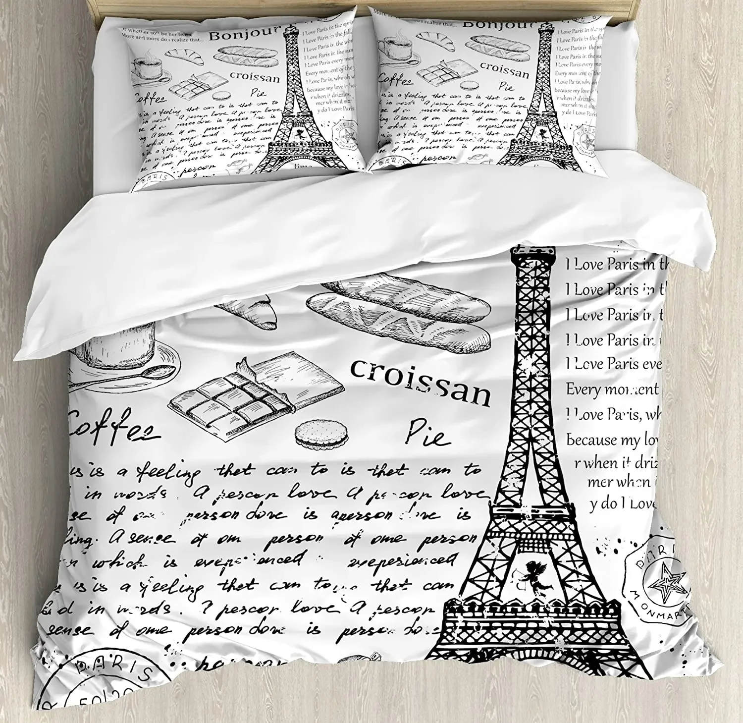 

Paris Bedding Set Comforter Duvet Cover Pillow Shams Traditional Famous Parisian Elements Bonjour C Bedding Cover Double Bed Set