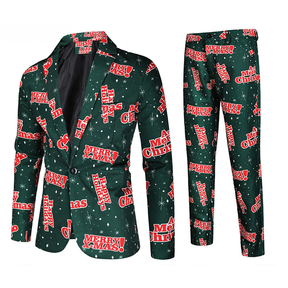 thumbnail image 1 of Traje de negocios informal navideño para hombre, 2 piezas, chaqueta de un botón, pantalones, feo y divertido conjunto con estampado de muñeco de nieve y alce navideño para hombre, 1 of 5